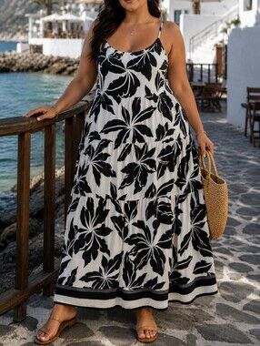 SHEIN Curve Black White Tropical Floral Maxi Dress Plus Size Sleeveless Tiered